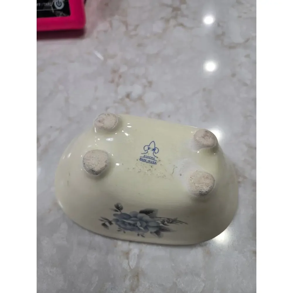Athena Cream Ceramic Soap Dish with Blue Rose Pattern